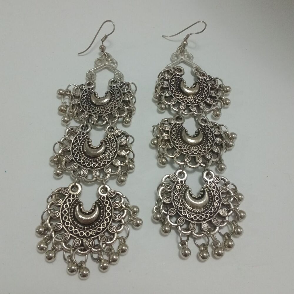 Bollywood Style Dangle Earrings Silver Toned Bohemian New